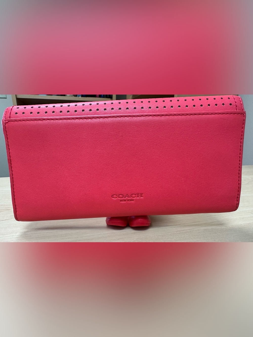 Coach Red Perforated Leather Turnlock Slim Wallet - Picture 2 of 6